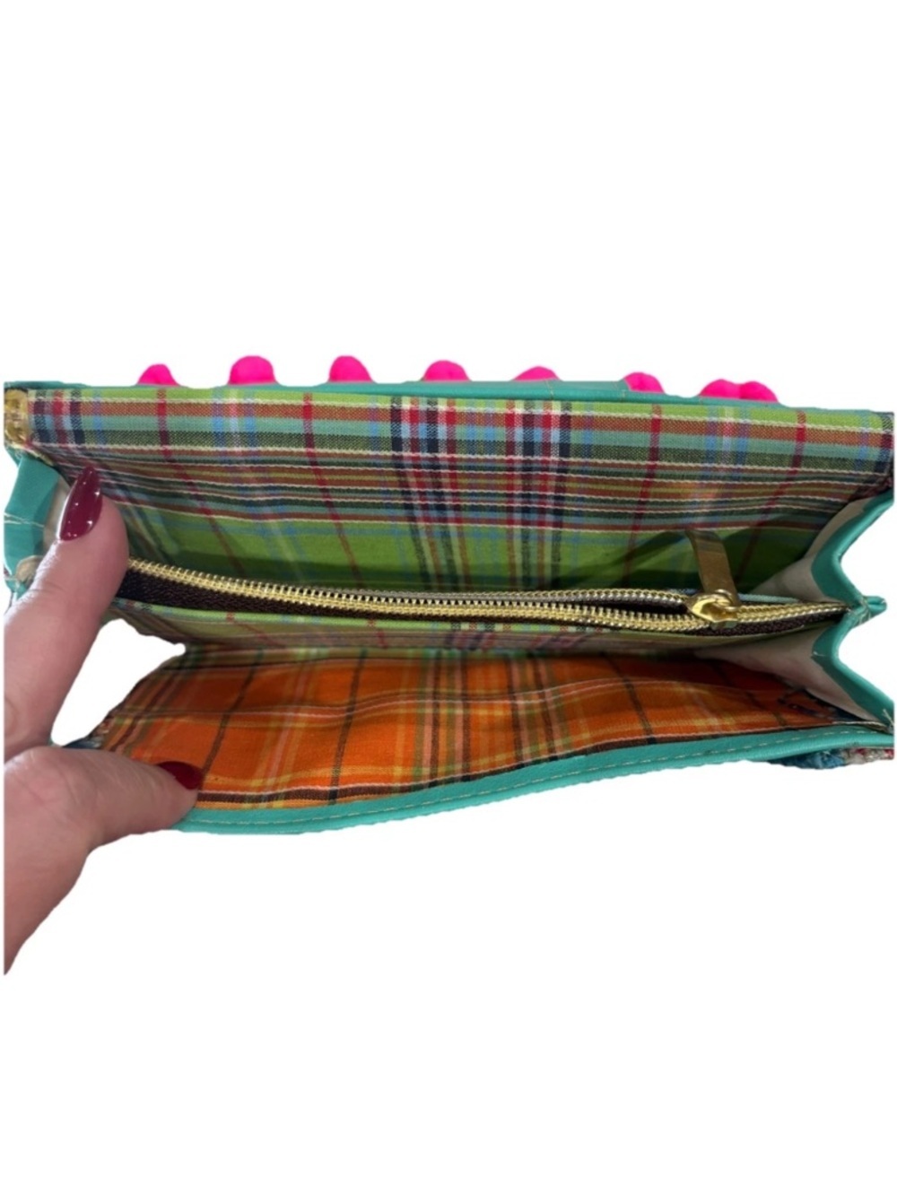 Embroidered Style Floral Clutch with Pink Pom-Pom Trim - Black - Picture 3 of 8